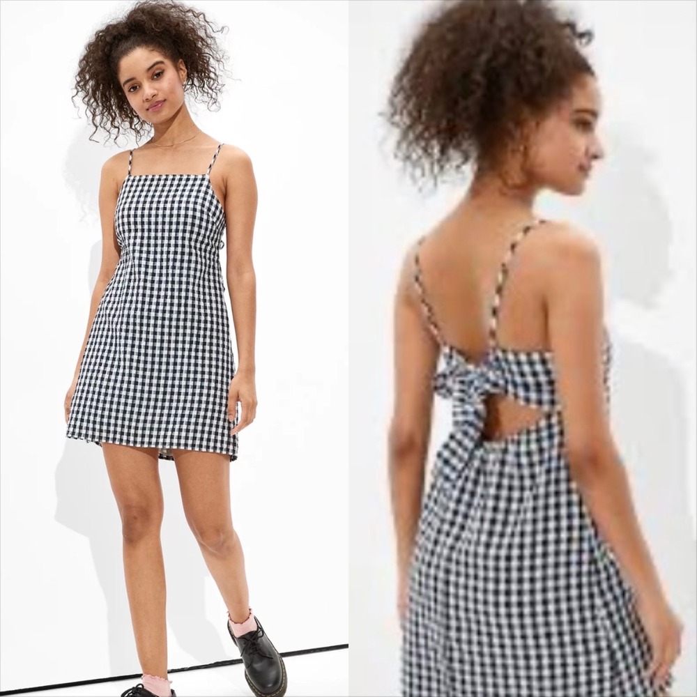 American Eagle Gingham Tie Back Mini Dress Black White XS Cotton Linen Blend